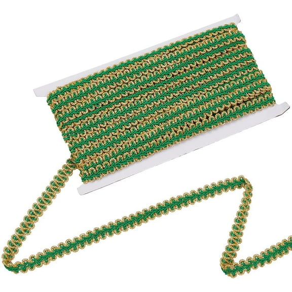 1/2 Inch Green Gimp Braid Trim Gold Metallic Glitter Woven Lace Trimming Polyester Uolstery Decorative Fabric Ribbon for Sewing Making Home Curtain Decor Costume Crafts Accessories
