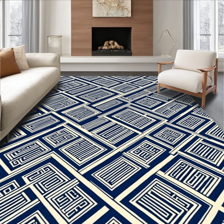 ODIKA 4'x6' Machine Washable Non-Slip Area Rug, Harbor Grid Diagonal Basketweave High Traffic Rug, Blue, 543132