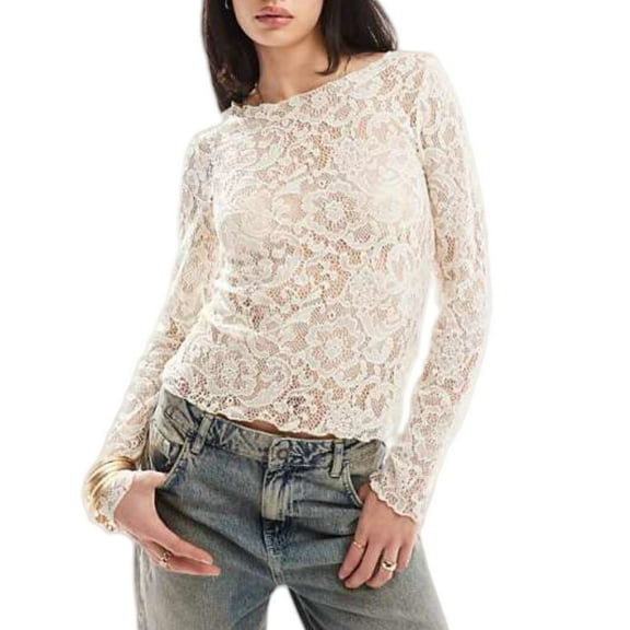 Women Y2k Sheer Crop Tops Floral Lace Crew Neck Long Sleeve Casual T-Shirt Aesthetic Clothes
