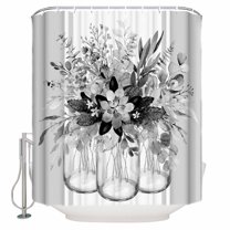 Fabric Shower Curtain, Summer Flowers Eucalyptus Plants Glass Vase Grey Striped Bathroom Curtain with 12 Hooks Waterproof No Bad Odor Machine Washable Bath Curtains for Bathroom, Spa Room, 60"x72"