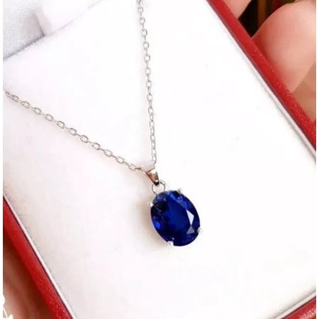 2Ct Oval Cut Lab Created Blue Sapphire Solitaire Pendant 14K White Gold Plated