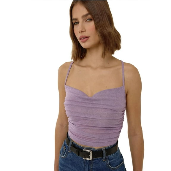 Asymmetrical Neck Glitter Knitted Crop Tank Top