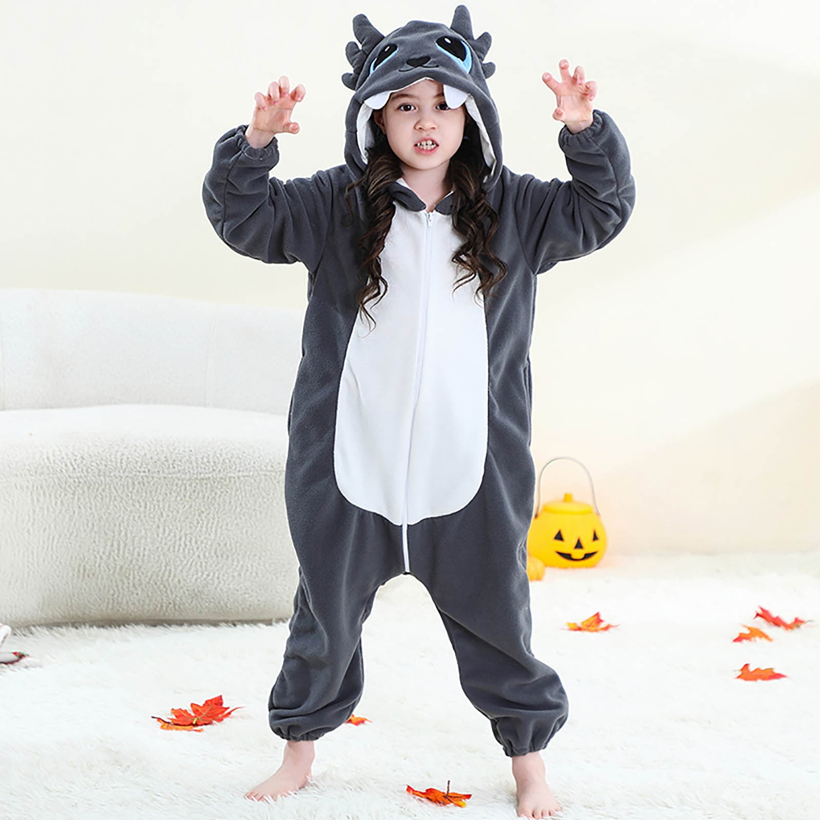 YUEHUA Kids Onesie Animal One Piece Pajamas Christmas Dragon Cos-tume Girls Boys Fleece Hooded Onesie Pajamas Cute Fuzzy Sleepwear Winter Warm Romper Outfits, 5-6 Years