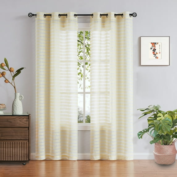 Fragrantex Horizontal Stripe Sheer Curtains 84 inch Curtains for Kid's Room, Lemon Yellow and White Striped Curtains Grommet Top 40"Wx84"L 2 Panels