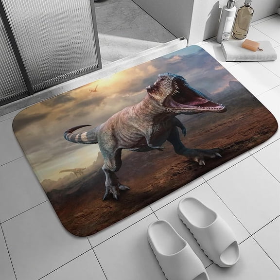 Bathroom Mat Non-Slip Water Absorbent Coral Velvet Shower Rug Machine Washable Memory Foam,3D Tyrannosaurus Rex Scene White 16x24 Inch