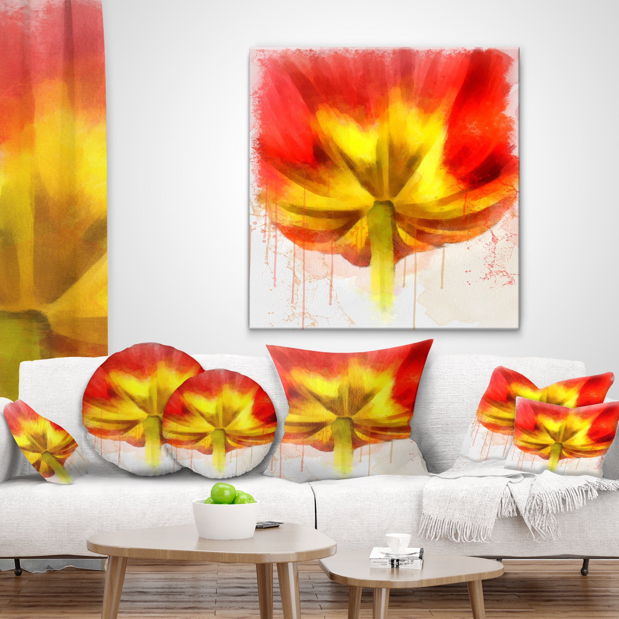 Designart Large Red Yellow Flower Watercolor - Floral Throw Pillow - 18x18