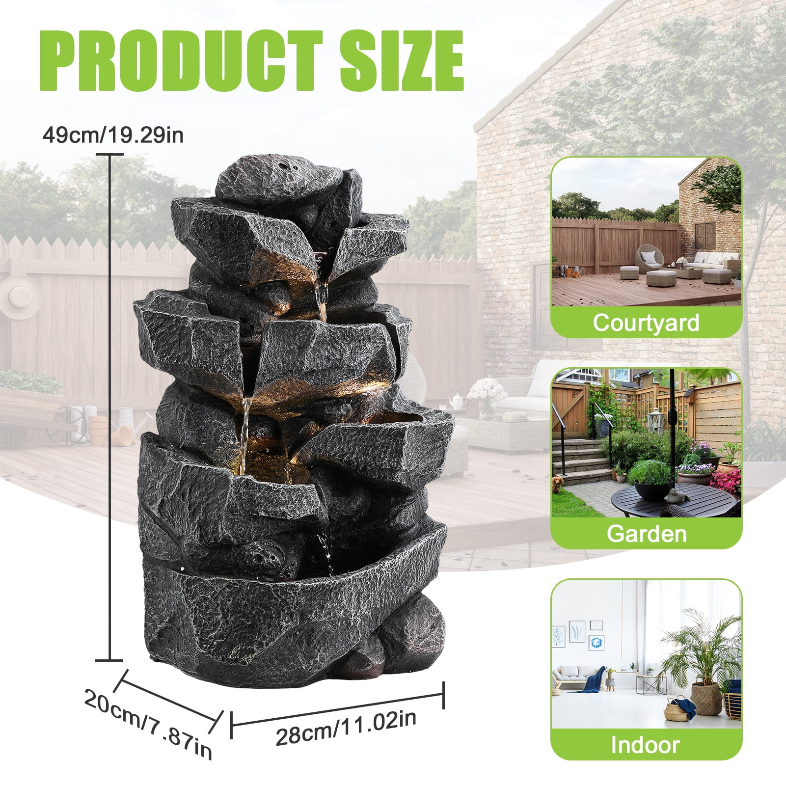 DJZ 5-Tiers Cascading Rock Water Fountain Outdoor Water Fountain Outside Patio Water Features Fountain with LED Light and Pump,Garden Waterfall Decor