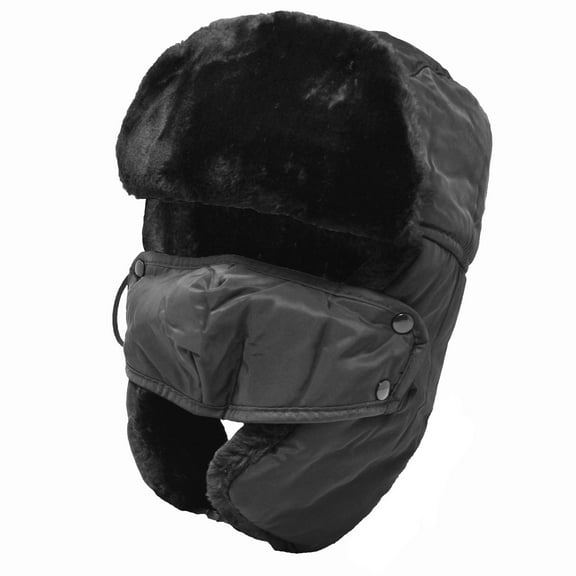 Unisex Winter Black Windproof Trapper Hats with Face Mask Earflaps Faux Fur Thermal Outdoor