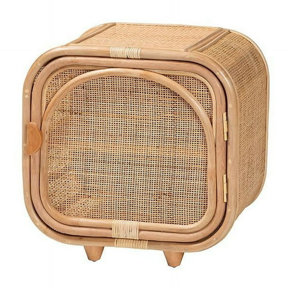 bali & pari Keita Bohemian Natural Rattan and Mahogany Wood Nightstand