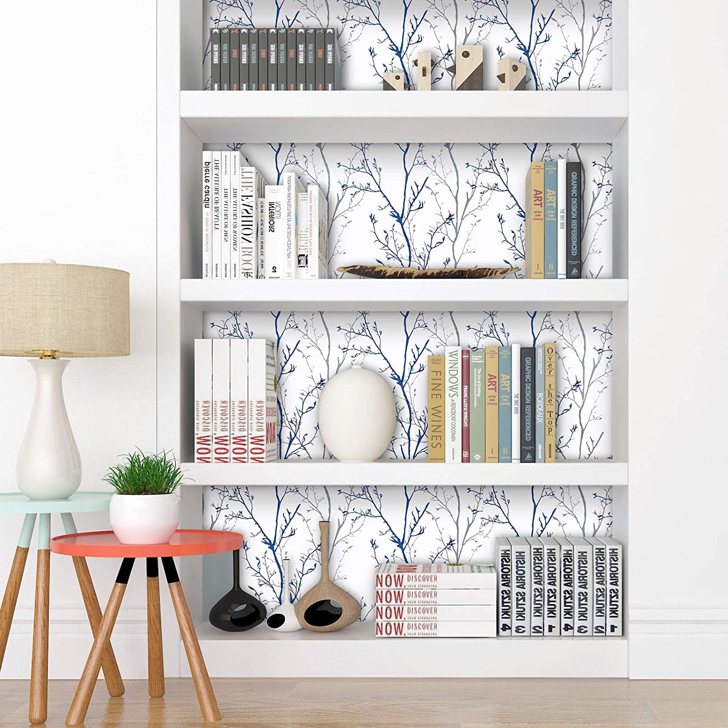 Caltero Peel and Stick Wallpaper Grey Blue Tree Branch Self Adhesive Wallpaper,17.7" x 590"
