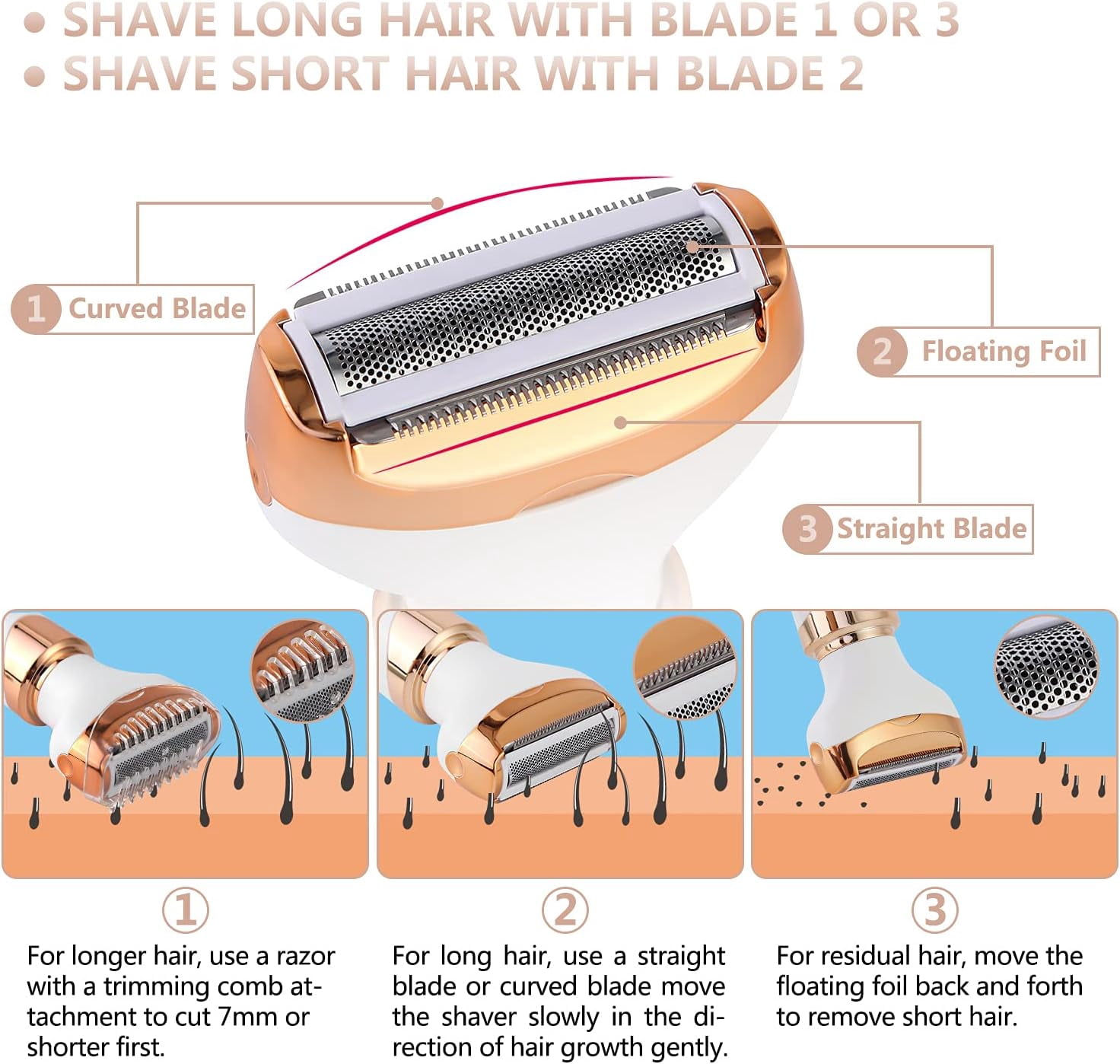 Electric Razor for Women Bikini Trimmer, MKIOVH Women's Cordless Portable 4 in 1 Painless Shaver, ​for face Legs Brows Nose Detachable Head USB Rechargeable Hair Trimmer