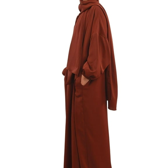 Arabian Muslim Women's Hijab Attached Hoodie Long Sleeve Solid Color Casual Pocket Prayer Islamic Abaya Maxi Dress