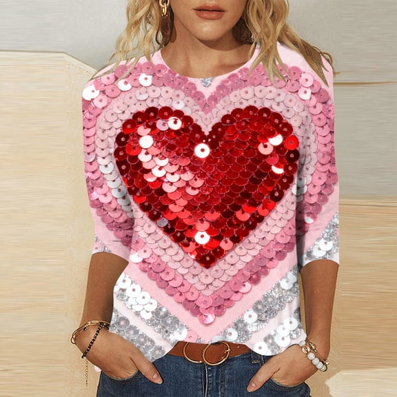 Tops for Women 3/4 Sleeve Valentine's Day Heart Printed Round-neck T-Shirt Multicolor XL