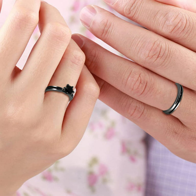 Uloveido Womens Black Wedding Rings Set Round CZ Vintage 2pcs Engagement Ring Bridal Set Chanel Set (Size 7), Women's
