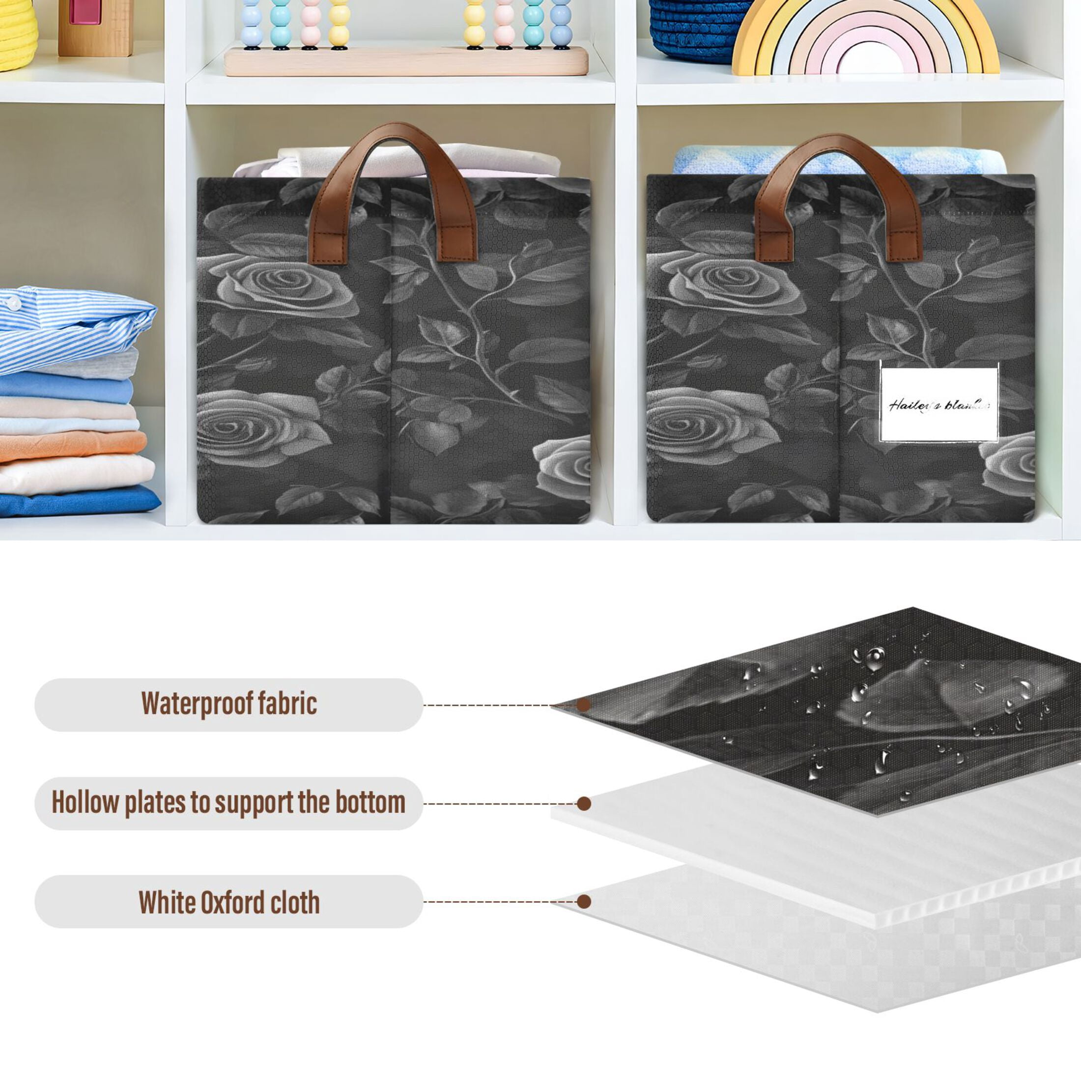Black Rose Storage Basket Soccer Plaid Fabric Hoard Box Oversized Collapsible Closet Organizer with Metal Iron Frame 16.9×11.4×10in