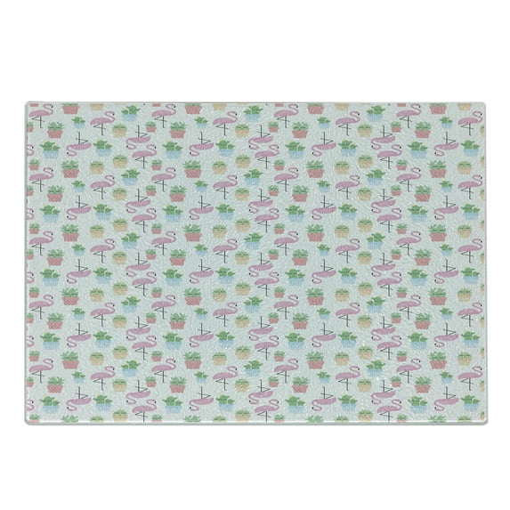 Cactus Cutting Board, Flamingos and Sleeping Plants in Pots Cartoon Pattern Tropical Bird, Decorative Tempered Glass Cutting and Serving Board, Small Size, Multicolor, by Ambesonne