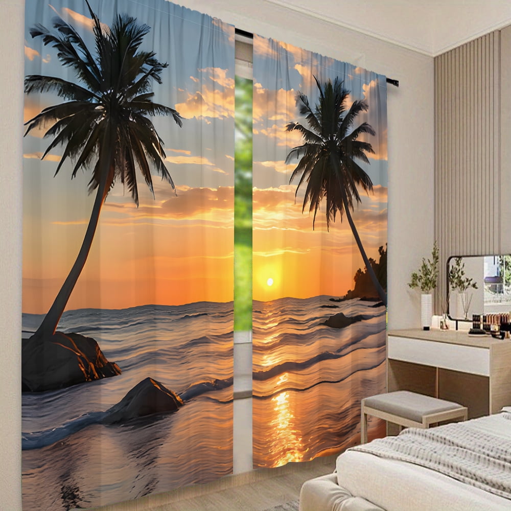 WNOOHIY Tropical Style Beach Sunset Privacy Light-filtering Window Curtains for Bedroom and Living Room, 2 Panels