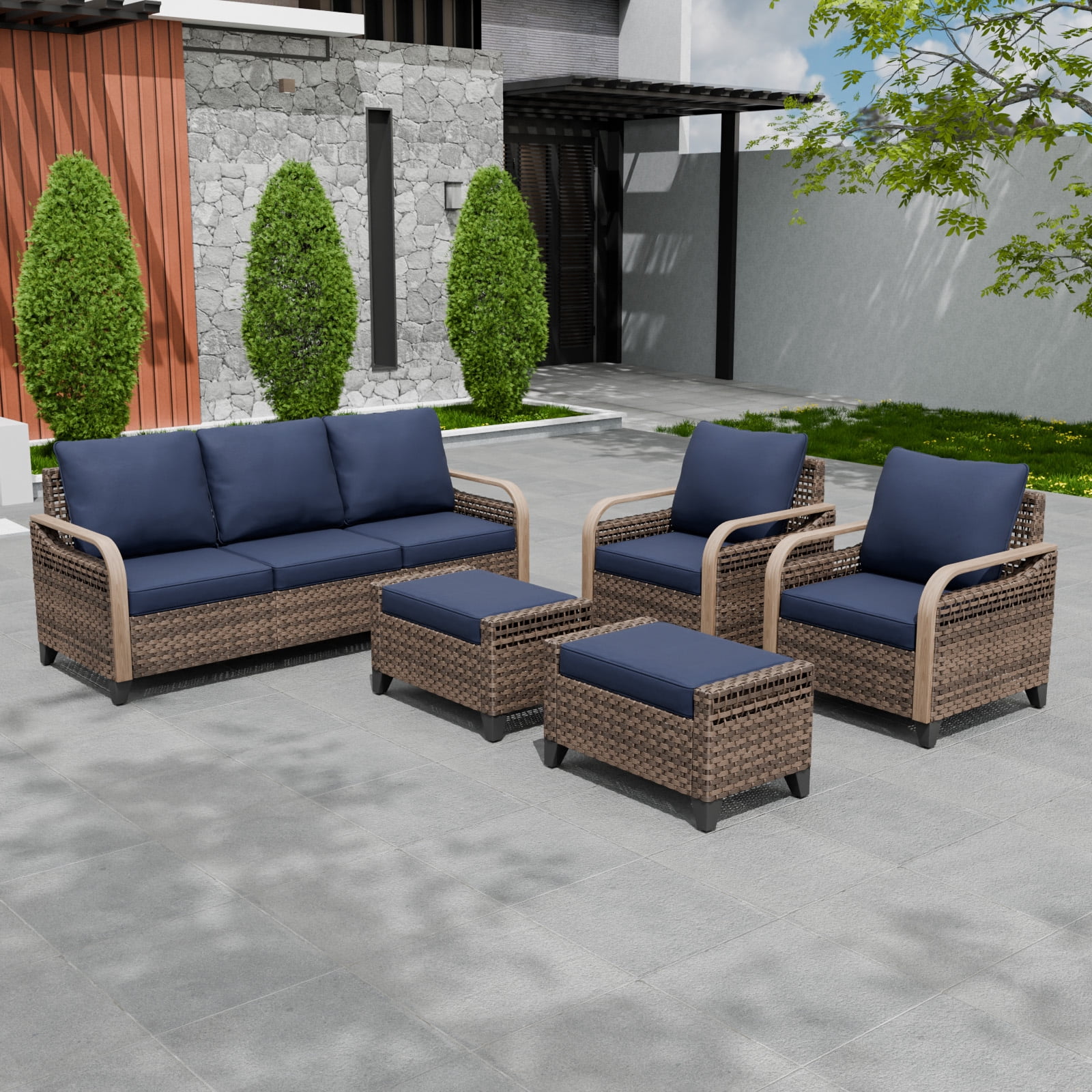 COOS BAY 5 Piece Brown Wicker Patio Sofa Set Outdoor Rattan Furniture Conversation Set 3-Seat Sofa, Dining Chairs and Ottomans with Blue Cushions