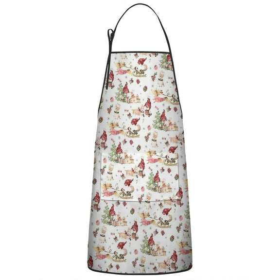 White Christmas Gnome Pattern Apron-Garden Aprons for Women with Pockets-Cotton Linen Waterproof Kitchen Cooking Gardening Aprons Adjustable for Kitchen,Cooking,BBQ and Salon 33"x27"