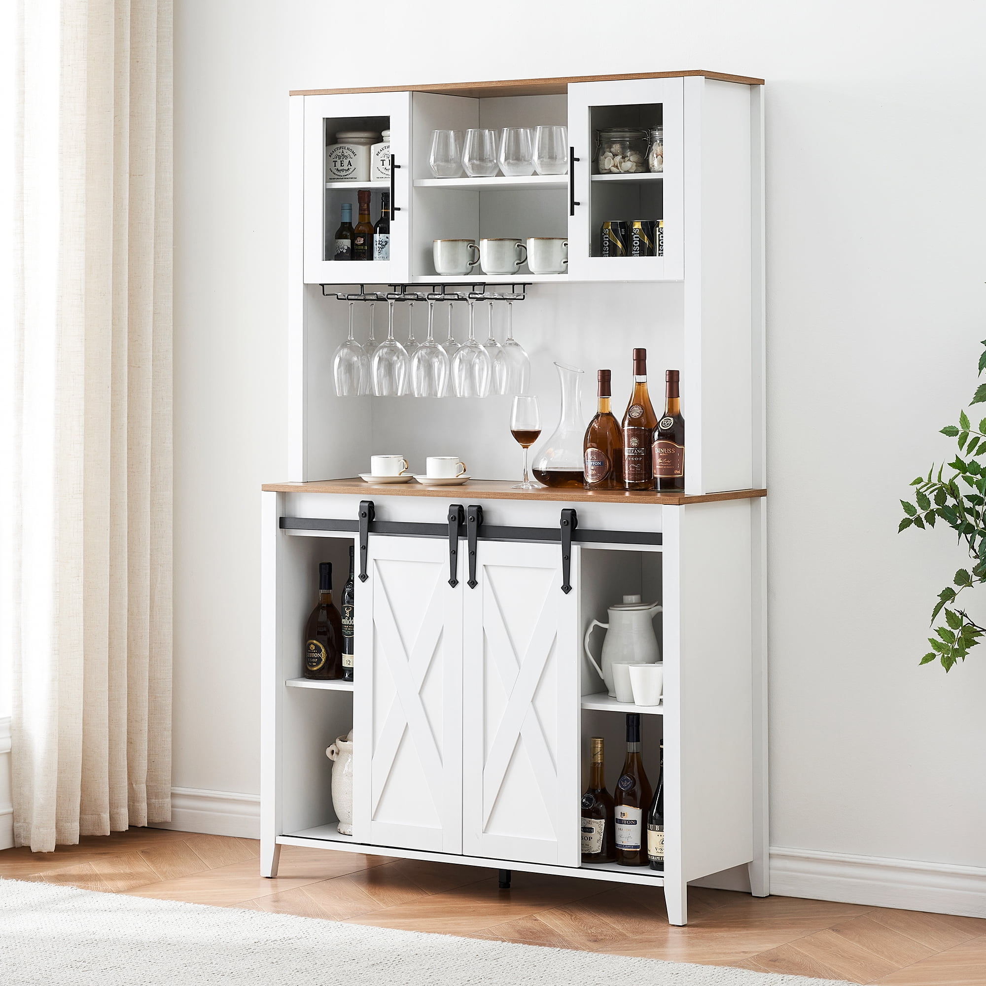 Farmhouse Wine Cabinet with Sliding Barn Door 69 Inch Country Wine Cabinet with Wine Rack and Wine Glass Rack Buffet Storage Rack Kitchen Sideboard Dining Room Walmart