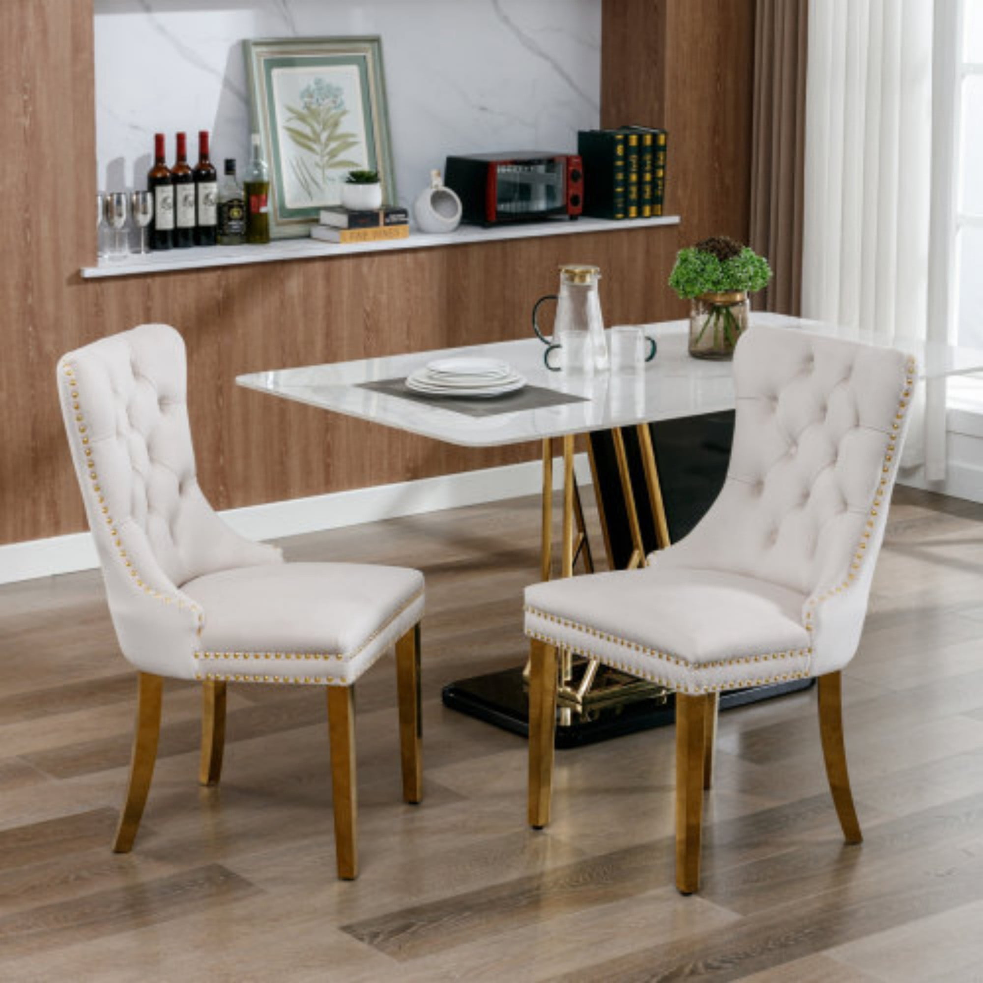 BSHTI 37.5" Velvet Upholstered Dining Room Chairs Set of 2, Modern Tufted Parson Chairs with Nailhead Trim, Foam Padded Seat for Dining Room/Kitchen(Beige)