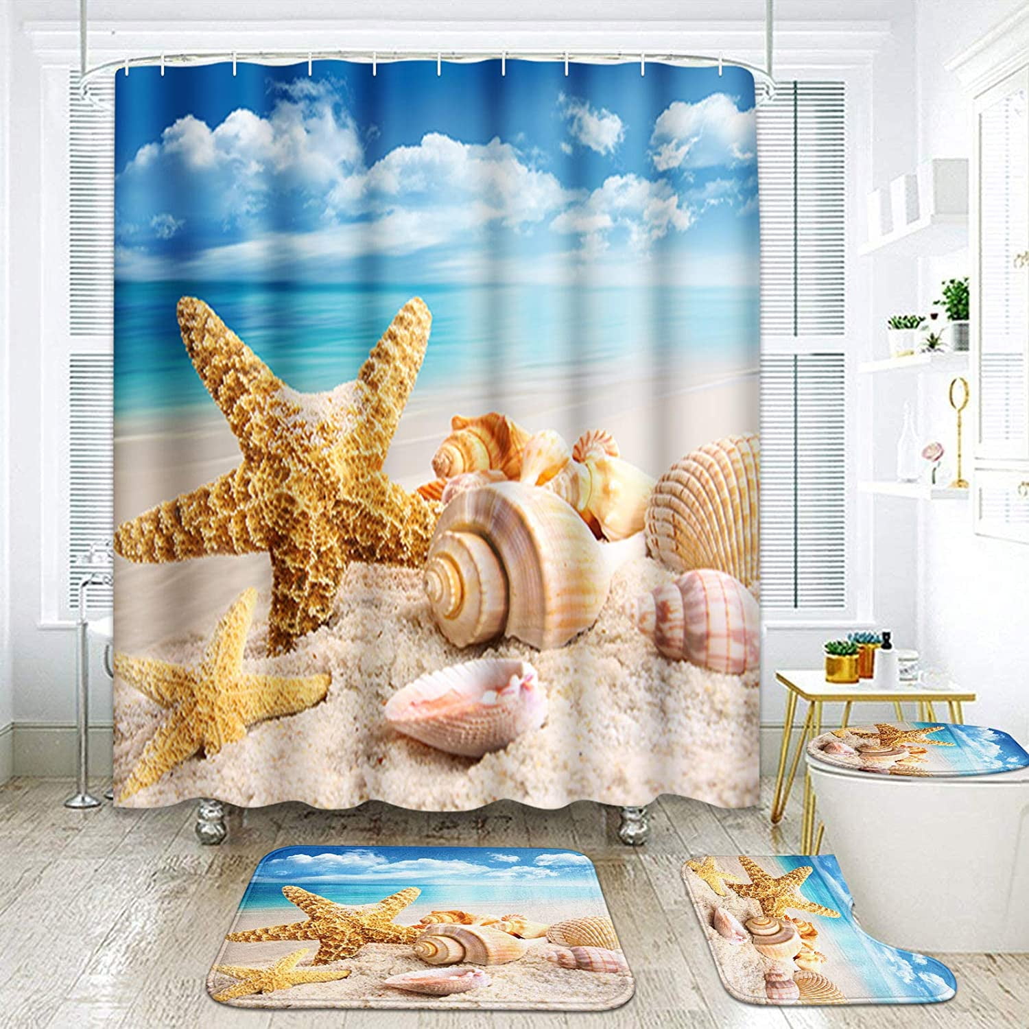 Fabric Shower Curtain Set Starfish Dolphin Beach Waterproof Bathroom Accessories 