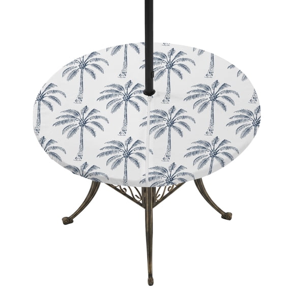 Round Outdoor Tablecloth with Umbrella Hole and Zipper, Purple Palm Tree Tablecloth with Elastic Waterproof, Tropical Summer Botanical Forest Modern Patio Table Covers for 31" - 35" Pool Tables