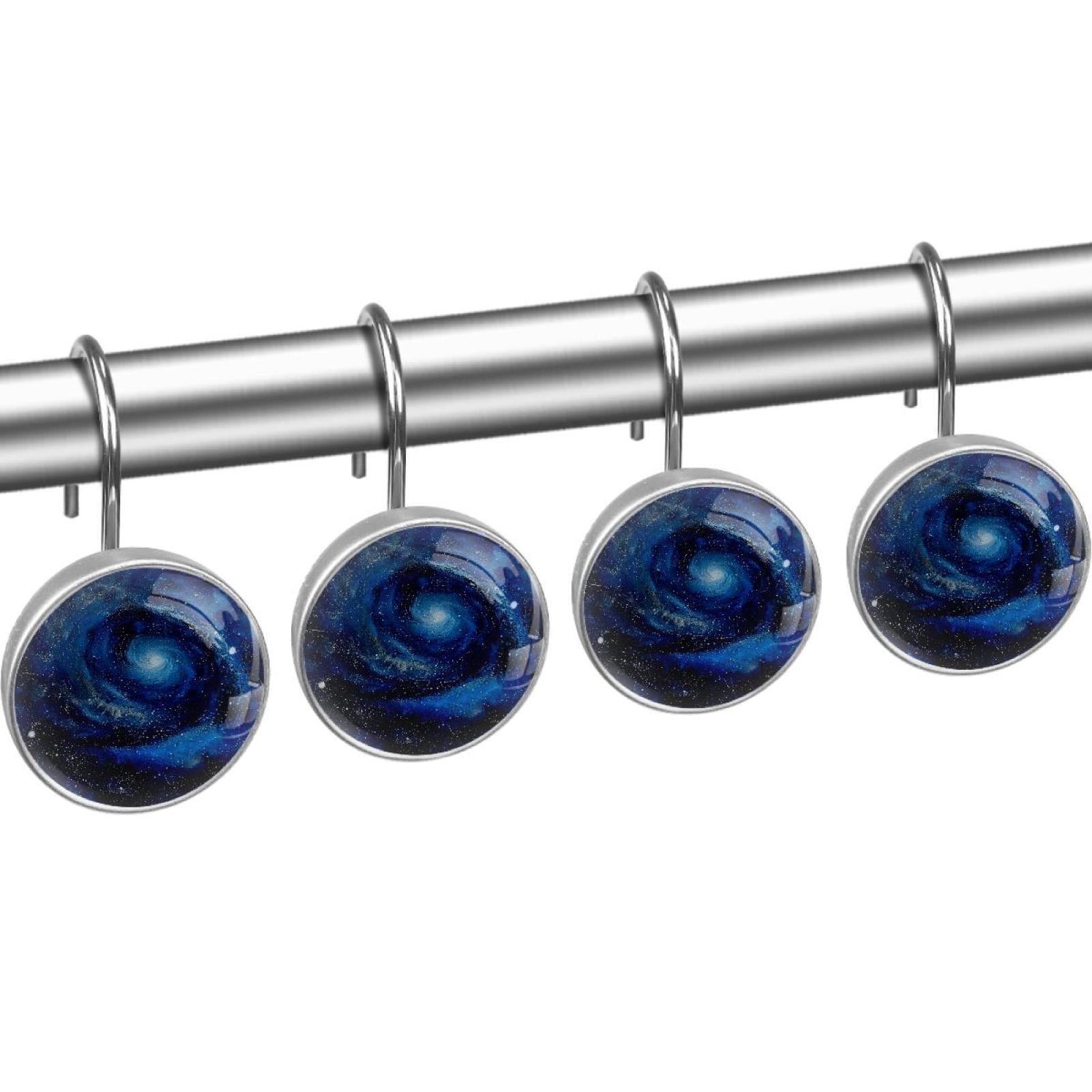 Blue Starry Space on Spiral Shower Curtain Hooks Round Crystal Glass, Set of 12 Shower Curtain Rings - Shower Hooks for Curtain Shower Rings