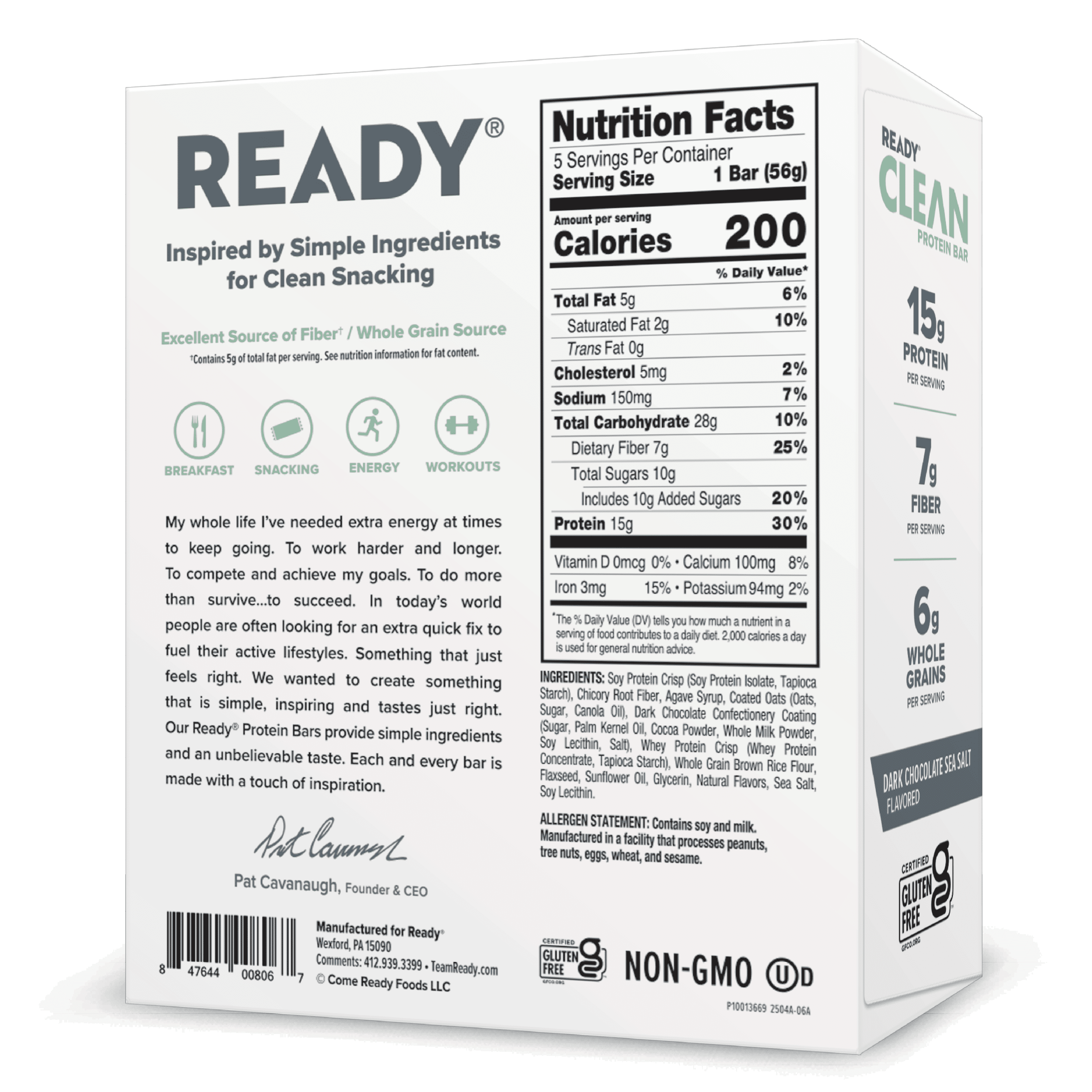 (6 pack) Ready Nutrition Dark Chocolate Sea Salt Clean Protein Bar, 5 Count