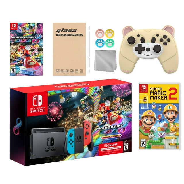 Nintendo Switch Mario Kart 8 Deluxe Bundle: Red/Blue Console, Mario Kart 8 & Membership, Super Mario Maker 2, Mytrix Wireless Pro Controller Peary Yellow Bear and Accessories