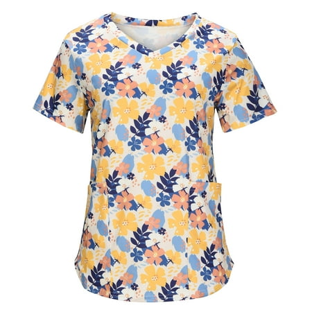 

Womens Tops Clearance under $10 Work Scrub Tees Womens Short Sleeve V Neck Spandex Wildflower Flower Slimming Tunic Blouses Bustier Tshirts Ladies