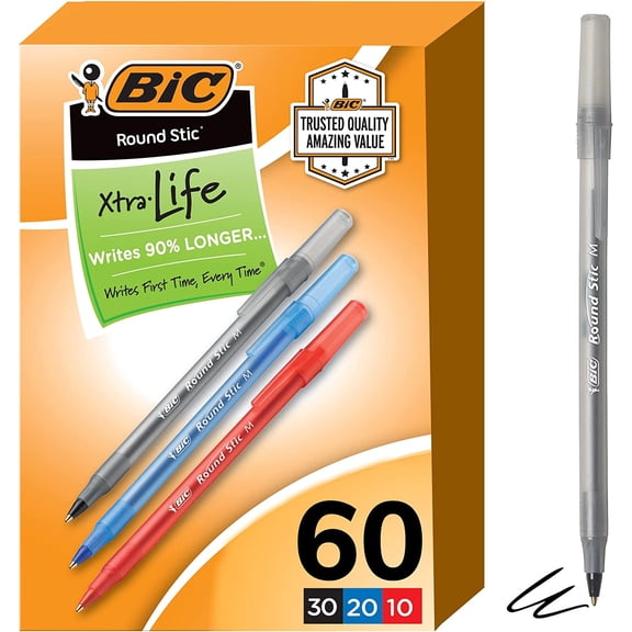 BIC Round Stic Xtra Life Assorted Ink Ballpoint Pens, Medium Point (1.0mm), 60-Count Pack of Bulk Pens, Flexible Round Barrel for Comfortable Writing, No. 1 Selling Ballpoint Pens