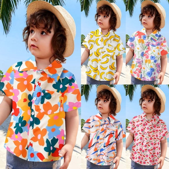 RTKFRFLM Children's Fashion Hawaiian Floral Shirt Cartoon Graphic Print Short Sleeve Collared Top Casual Beach Holiday Button Down for Boys Soft Lightweight Summer Party Clothes Size 4-14