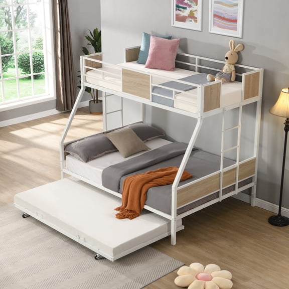 Harper & Bright Designs Twin Over Full Metal Bunk Bed with Trundle, Metal Bunk Bed Frame with 2 - Side Ladder and Full-Length Guardrail for Bedroom, White & Brown