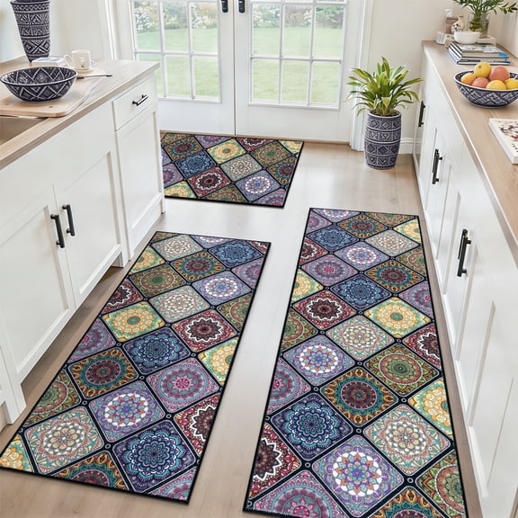 Findosom 3pc Boho Kitchen Rugs and Mats Set, Non Slip Washable Kitchen Runner Rug for Kitchen Floor, Farmhouse Kitchen Decor, Hallway, Entryway, Laundry Room,20"x32" 20"x47" 20"x59" Colorful