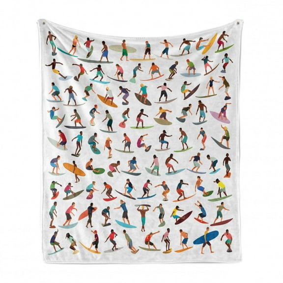 Surfboard Soft Flannel Fleece Blanket, Cartoon Animated Numerous Summery Sportive Surfers Colorful Silhouettes, Cozy Plush for Indoor and Outdoor Use, 60" x 80", White and Multicolor, by Ambesonne