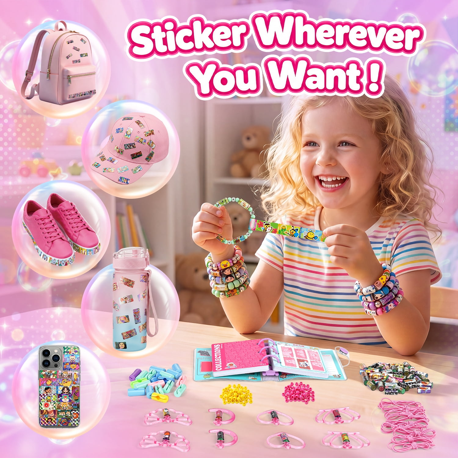 Monqistar Sticker Bracelet Kit, 1000 Mini Stickers Set, Wearable & Shareable Sticker Rolls, Sticker Collection Book, Make Bracelets & Necklaces Set for 5-12 Years Girls Gift