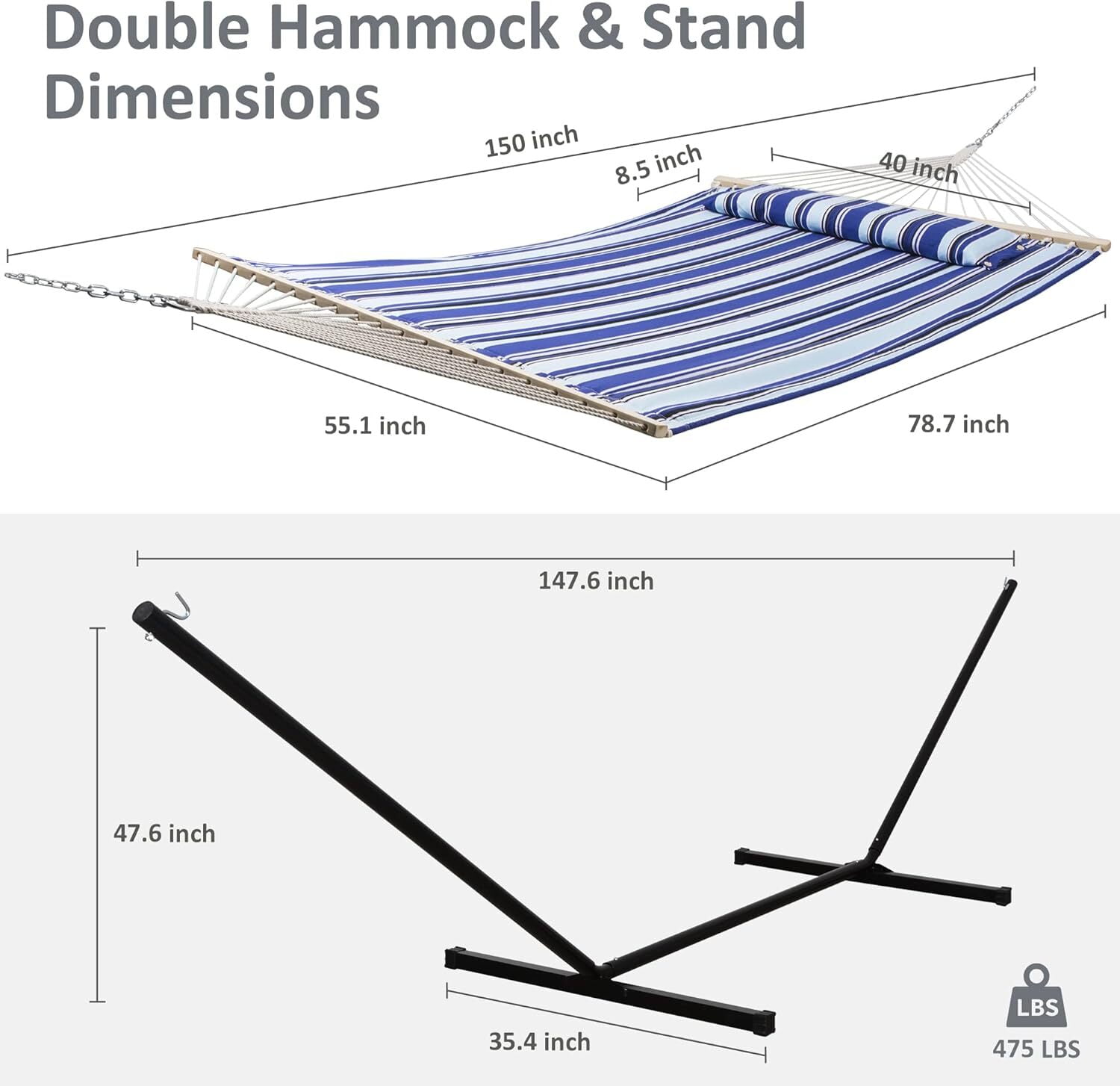 SUNCREAT Two Person Quilted Hammock with Stand Heavy Duty,Max 475lbs Capacity, 146 x 55.1 inches, Blue Stripes