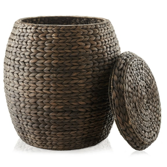 Casafield Round Storage Basket with Lid, Espresso - Handwoven Water Hyacinth Hamper Organizer for Laundry, Blankets, Plants