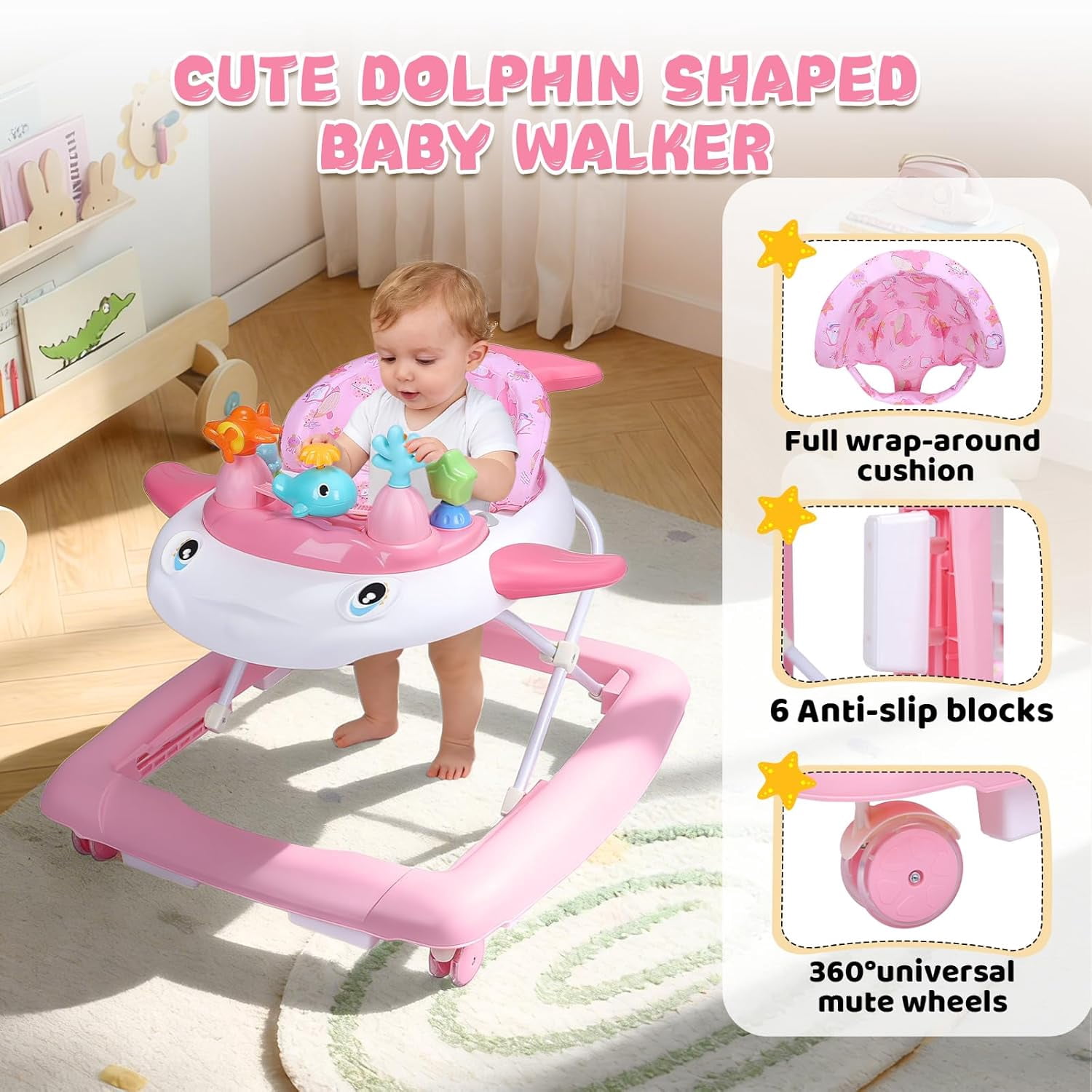 PRVAETU Baby Walker & Activity Center W/ Music & Lights,3 Adjustable Height, Anti-Rollover & Foldable for Infant Boy and Girl 6-18 Months,Pink Print