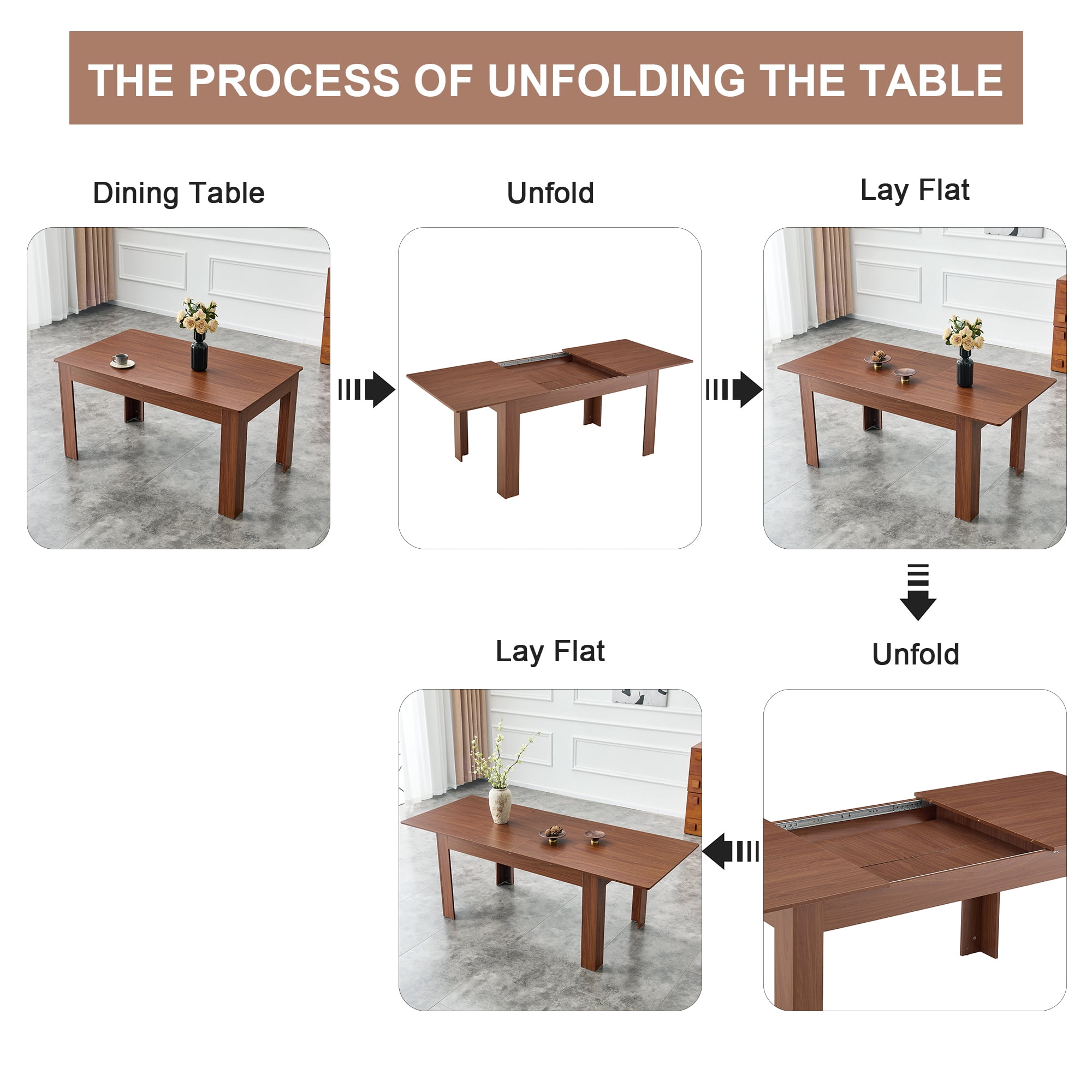 Shikeyi 59"-86" Extendable Dining Table for 6-10 People, Modern Rectangular Walnut MDF Kitchen Extendable Table with Adjustable Length, Space-Saving Walnut Finish Dinner Table, for Small Dining Room