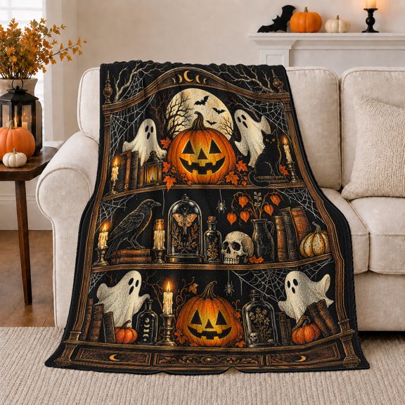 Vintage decorative motif Bookshelf autumn celebration Scene, Playful Pet Portrait Pattern, Warm Flannel Blanket for Living Room and Bedroom, Cat Lovers autumn celebration Gift, Pet Lover Home Decor