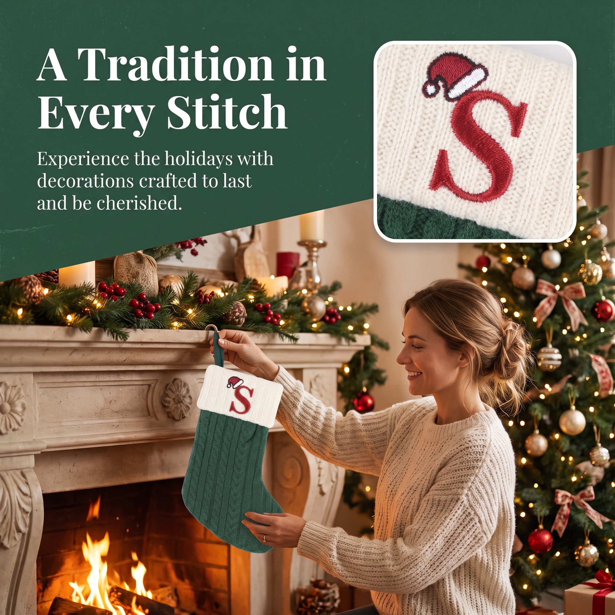 Unique Bargains Christmas Luxury Grand Hearth Accent Stocking Green Letter S 8"