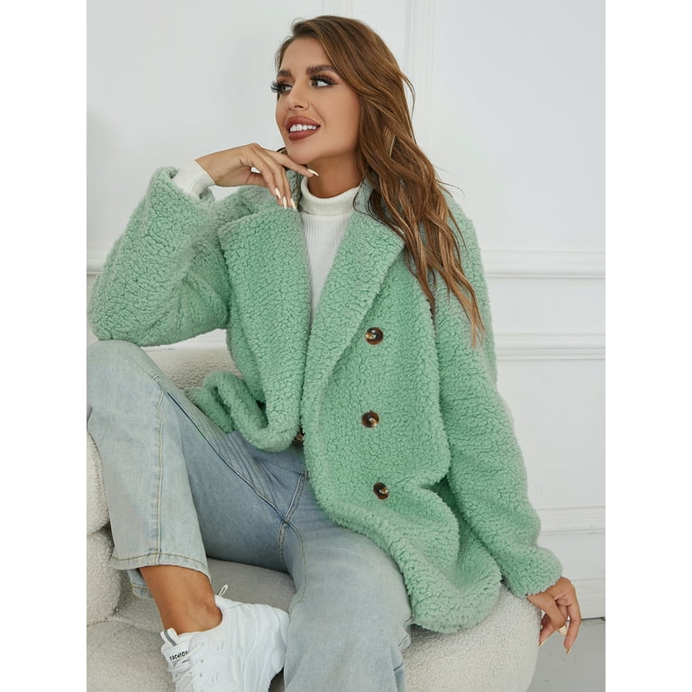 Eilly Bazar Teddy Coat for Women Double Breasted Faux Sherpa Female Mint XS Walmart