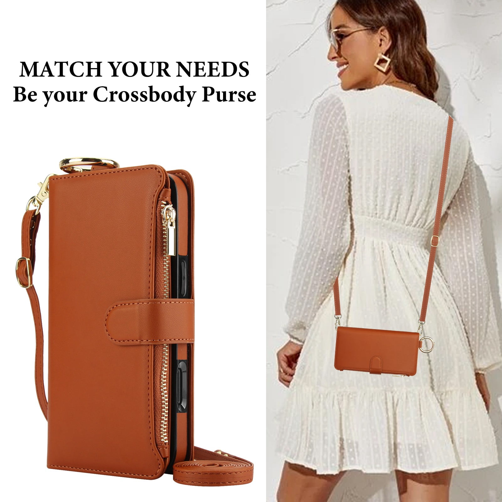 ELEHOLD For iPhone 13 Pro Max Phone Case Leather Crossbody Zipper Card Wallet Flip Case Kickstand Cover, with Ring Holder,Full Body Protection-Brown