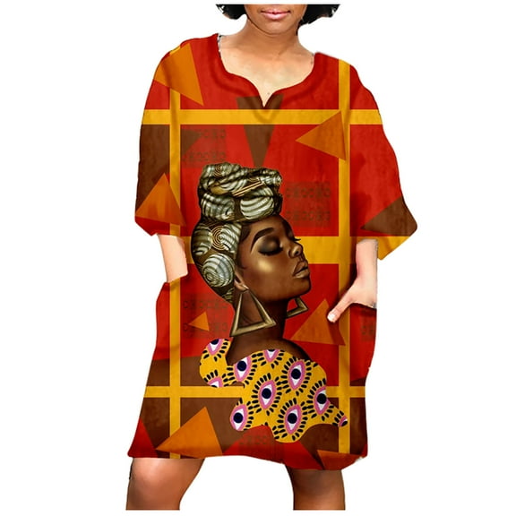 JINMGG Womens Plus Size Clearance $5 Women Fashion African Vintage Print Middle Sleeve V Neck Casual Mini Dress Orange XL