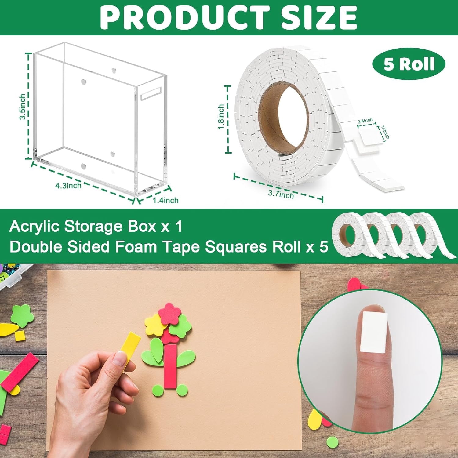 5 Roll Double Sided Foam Tape for Crafts 0.75 x 0.47 Inch Pre-Cut Foam Mounting Tape with 1 Acrylic Storage Box Square Foam Dots Double Sided Adhesive Fit Arts Sewing DIY (5 Roll White+Box)