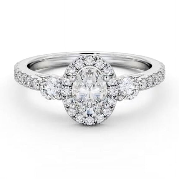 Spot Jewel 2 Ct Oval Cut Diamond Engagement Ring – Lab Created Simulated Diamond – 3 Stone Halo with 4 Prong Setting – 14K White Gold Plated Ring – Gift for Engagement Proposals