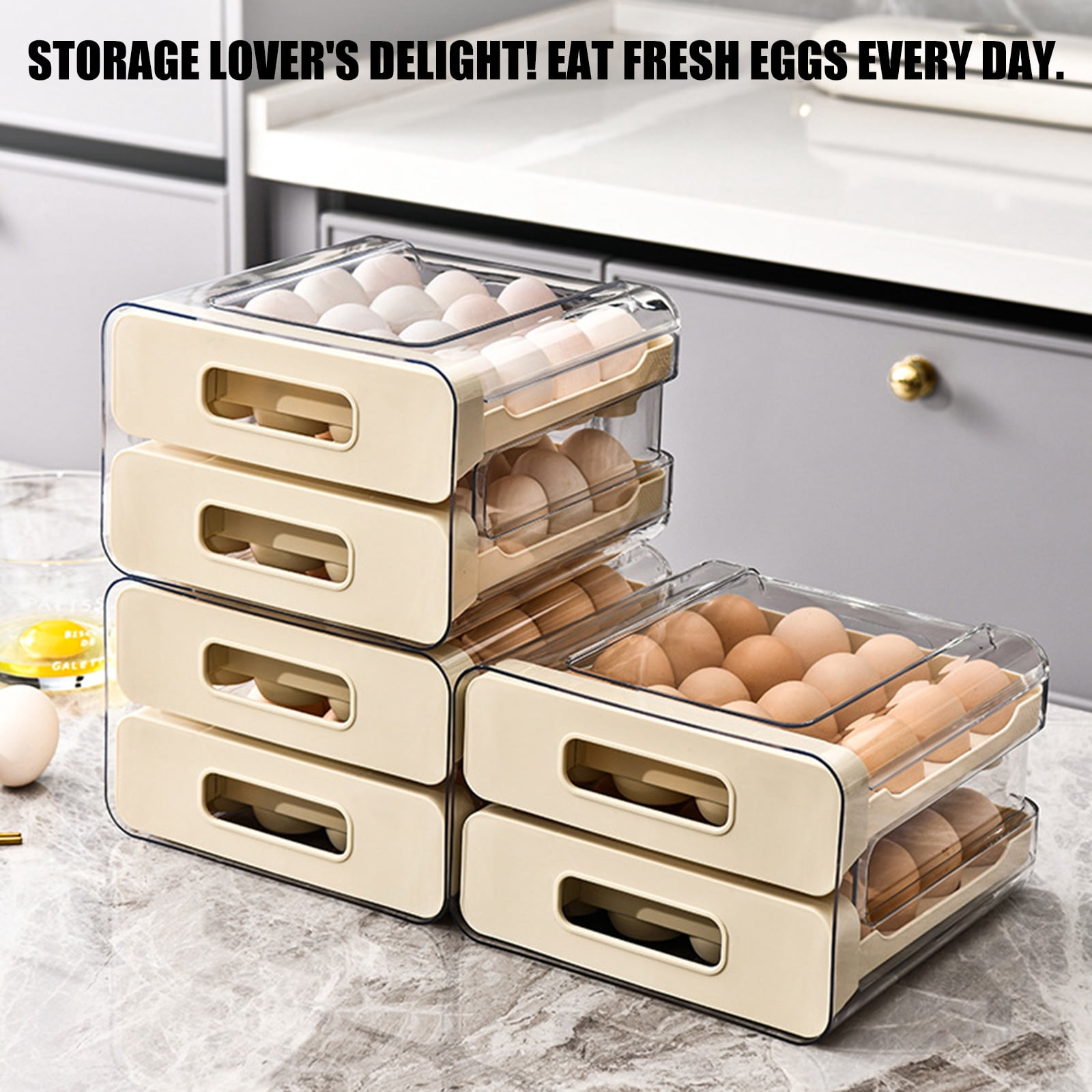 32 Eggs Container Holders Dispenser for Refrigerator 2 Tiers Clear Stackable Eggs Holder Tray with Drawer for Fridge