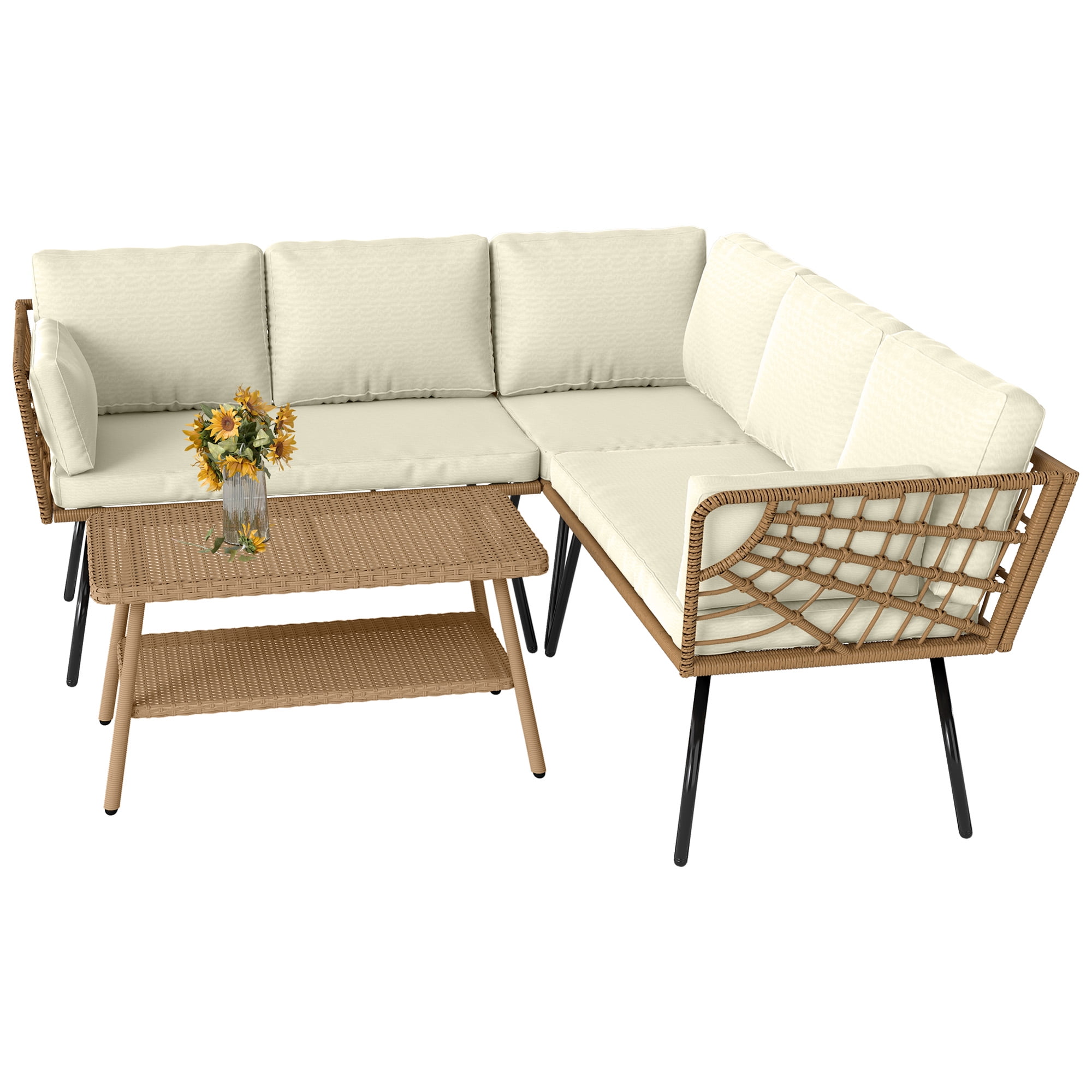 Uforic 4 Piece Outdoor Patio Furniture Set, Rattan Wicker Outdoor Conversation Sectional Sofa Set, Beige